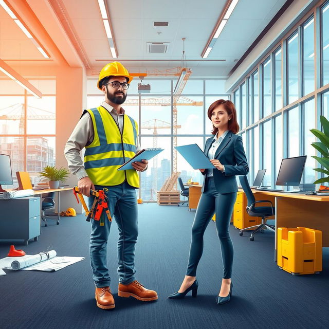 A vibrant and dynamic workplace scene depicting a construction worker and an office worker standing side by side, showcasing a collaborative environment