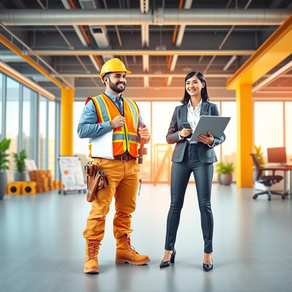 A vibrant and dynamic workplace scene depicting a construction worker and an office worker standing side by side, showcasing a collaborative environment