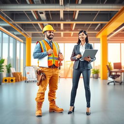 A vibrant and dynamic workplace scene depicting a construction worker and an office worker standing side by side, showcasing a collaborative environment