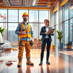 A vibrant and dynamic workplace scene depicting a construction worker and an office worker standing side by side, showcasing a collaborative environment