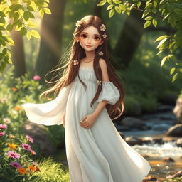 A beautiful girl standing confidently in an enchanting forest