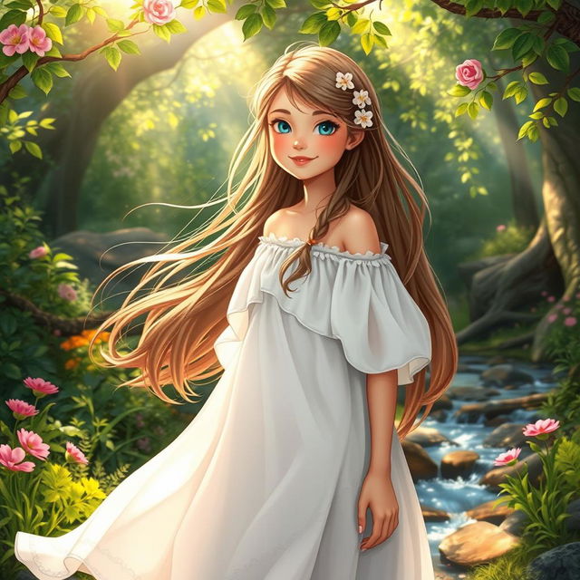 A beautiful girl standing confidently in an enchanting forest