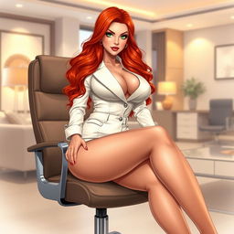 An alluring illustration of a sexy, beautiful, curvy voluptuous woman with long flame red hair and striking green eyes