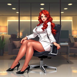 An alluring illustration of a sexy, beautiful, curvy voluptuous woman with long flame red hair and striking green eyes