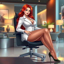 An alluring illustration of a sexy, beautiful, curvy voluptuous woman with long flame red hair and striking green eyes