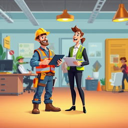 An animated scene depicting a lively workplace environment featuring a construction worker and an office worker standing side by side, symbolizing teamwork and safety