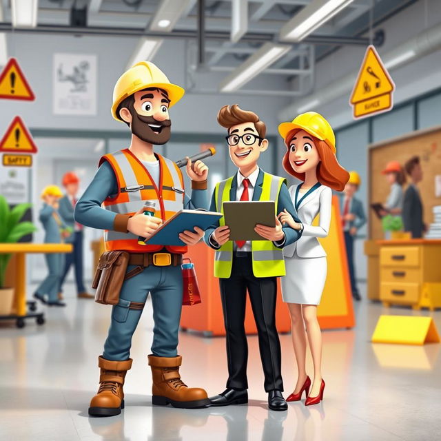 An animated scene depicting a lively workplace environment featuring a construction worker and an office worker standing side by side, symbolizing teamwork and safety