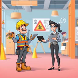 An animated scene depicting a lively workplace environment featuring a construction worker and an office worker standing side by side, symbolizing teamwork and safety