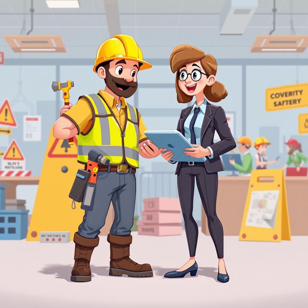 An animated scene depicting a lively workplace environment featuring a construction worker and an office worker standing side by side, symbolizing teamwork and safety