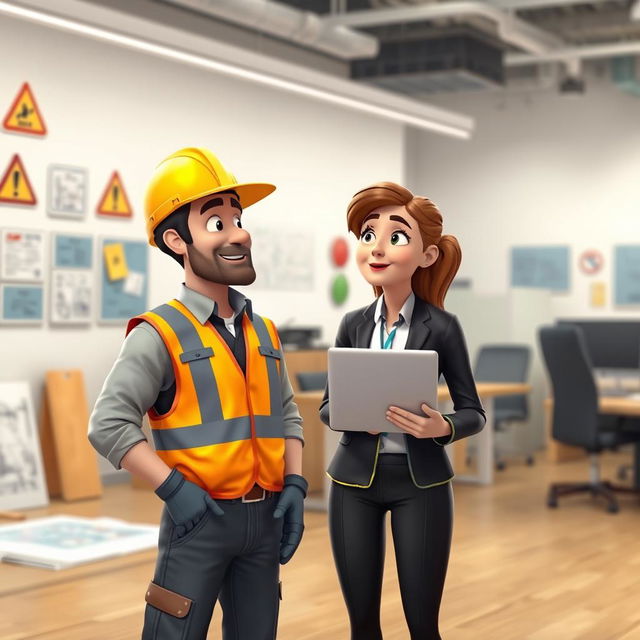 A realistic animated scene illustrating a safety-focused workplace with a construction worker and an office worker standing side by side