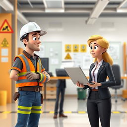 A realistic animated scene illustrating a safety-focused workplace with a construction worker and an office worker standing side by side