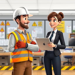 A realistic animated scene illustrating a safety-focused workplace with a construction worker and an office worker standing side by side