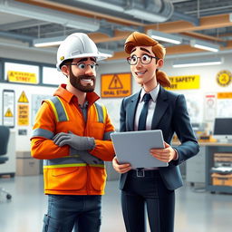 A realistic animated scene illustrating a safety-focused workplace with a construction worker and an office worker standing side by side