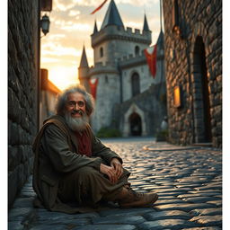 A narrow cobblestone street in a medieval kingdom, featuring a beggar with a warm smile sitting on the ground