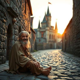 A narrow cobblestone street in a medieval kingdom, featuring a beggar with a warm smile sitting on the ground