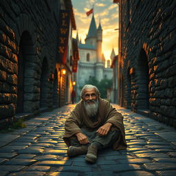 A narrow cobblestone street in a medieval kingdom, featuring a beggar with a warm smile sitting on the ground