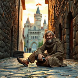 A narrow cobblestone street in a medieval kingdom, featuring a beggar with a warm smile sitting on the ground