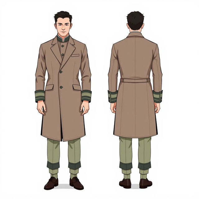 An illustration depicting a modern male coat suit inspired by the traditional Bhutanese Gho, showcasing both the front and back views