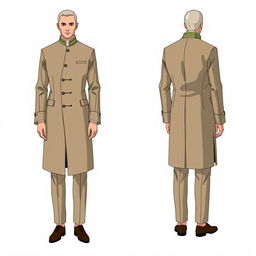 An illustration depicting a modern male coat suit inspired by the traditional Bhutanese Gho, showcasing both the front and back views