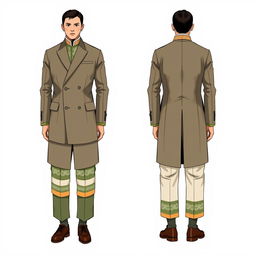 An illustration depicting a modern male coat suit inspired by the traditional Bhutanese Gho, showcasing both the front and back views