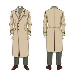 An illustration depicting a modern male coat suit inspired by the traditional Bhutanese Gho, showcasing both the front and back views