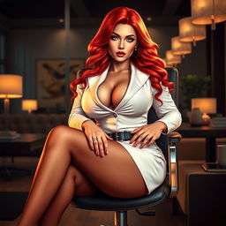 A striking artistic depiction of a sexy, beautiful, curvy voluptuous woman with long flame red hair and captivating green eyes