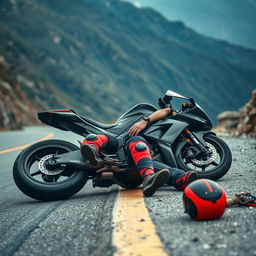 Cristiano Ronaldo lying injured on the side of a winding mountain road, wearing a sleek black-and-red biker outfit