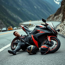 Cristiano Ronaldo lying injured on the side of a winding mountain road, wearing a sleek black-and-red biker outfit