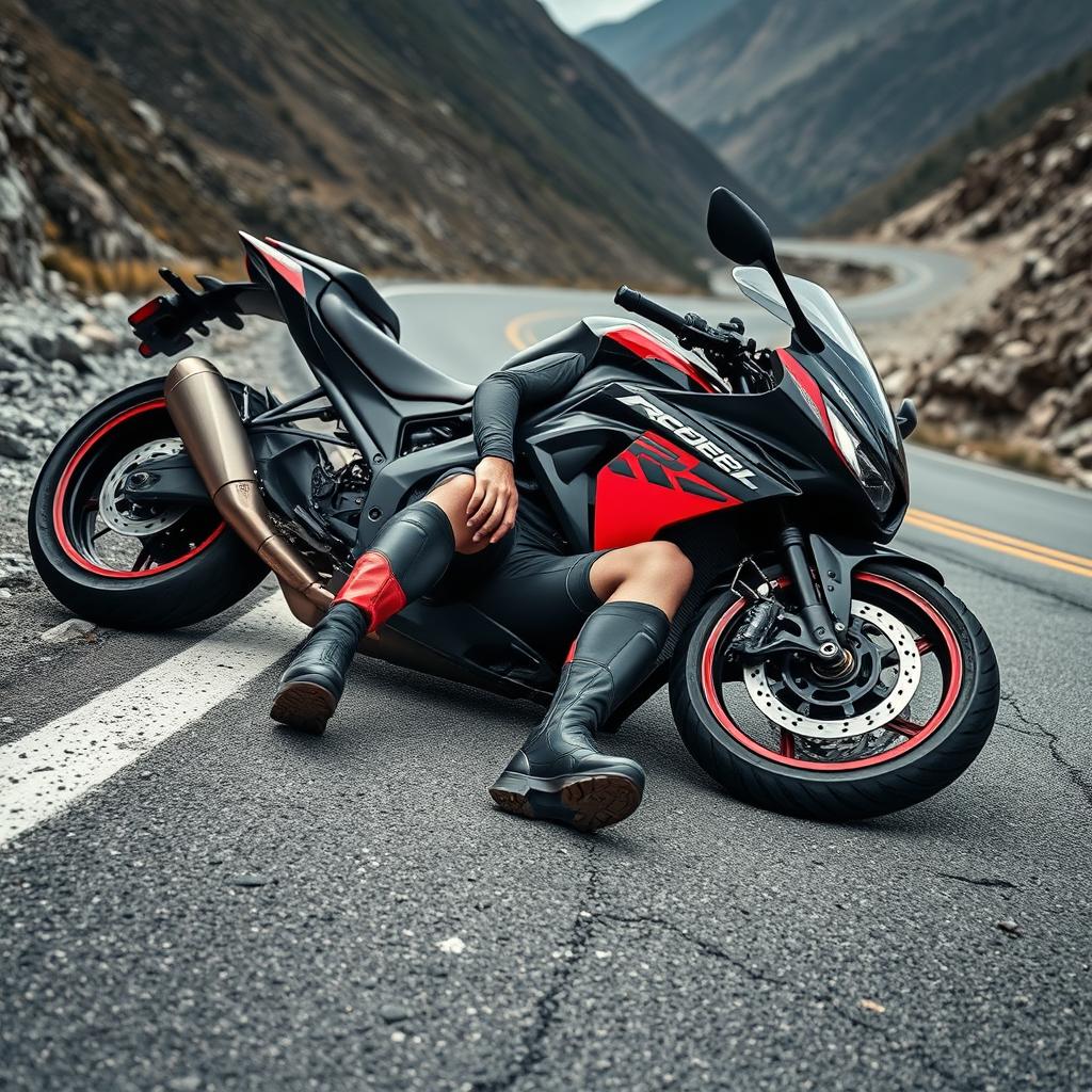 Cristiano Ronaldo lying injured on the side of a winding mountain road, wearing a sleek black-and-red biker outfit