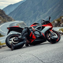 Cristiano Ronaldo lying injured on the side of a winding mountain road, wearing a sleek black-and-red biker outfit