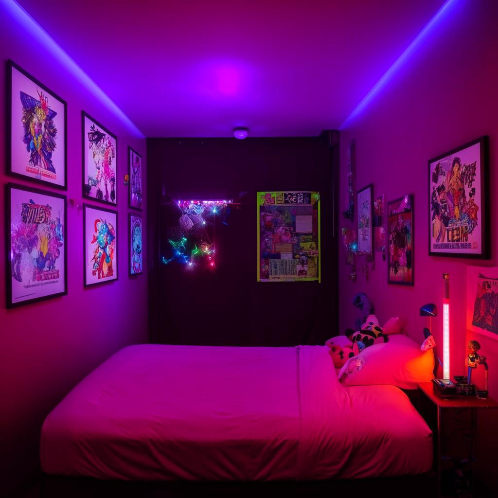 A fresh, vibrant room featuring a double bed, a neon light, a ceiling with LED lights, space for action figures and stuffed toys, and a wall adorned with anime posters.