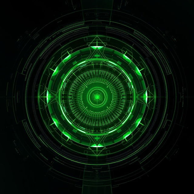 A stunning, futuristic album cover featuring a dark green color palette