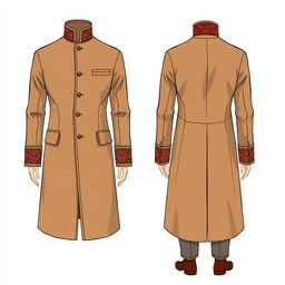 An illustration depicting a modern male coat suit inspired by the traditional Bhutanese Gho, featuring both the front and back views