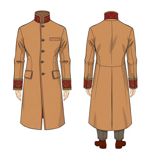 An illustration depicting a modern male coat suit inspired by the traditional Bhutanese Gho, featuring both the front and back views