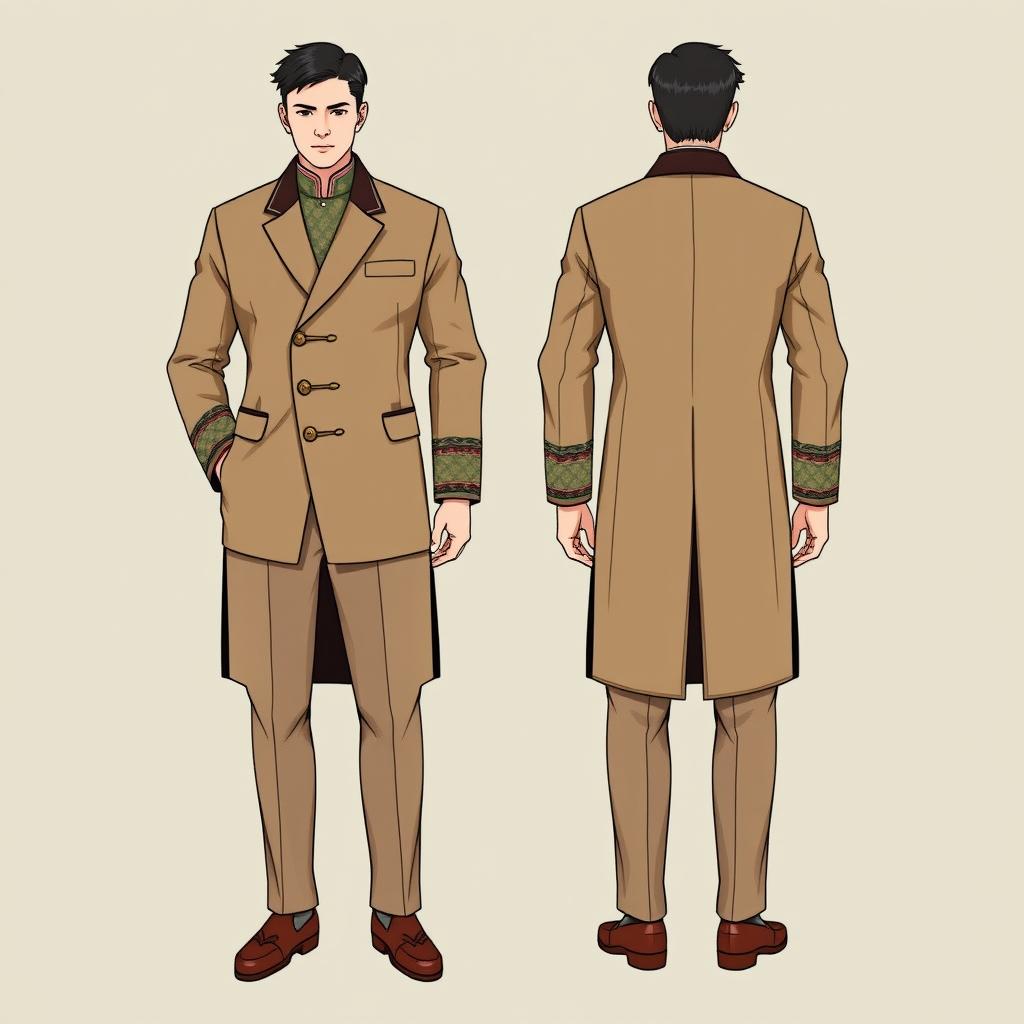 An illustration depicting a modern male coat suit inspired by the traditional Bhutanese Gho, featuring both the front and back views