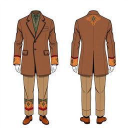 An illustration depicting a modern male coat suit inspired by the traditional Bhutanese Gho, featuring both the front and back views