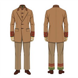 An illustration depicting a modern male coat suit inspired by the traditional Bhutanese Gho, featuring both the front and back views