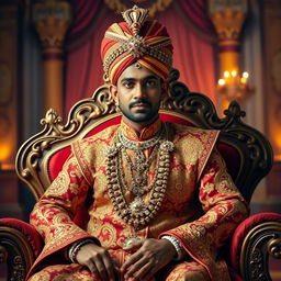 A regal portrait of an Indian prince seated on an ornate throne, adorned in luxurious traditional attire with intricate patterns and gold embroidery