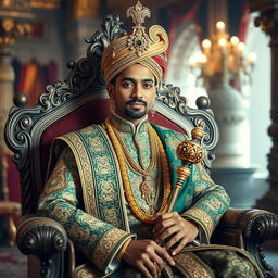 A regal portrait of an Indian prince seated on an ornate throne, adorned in luxurious traditional attire with intricate patterns and gold embroidery