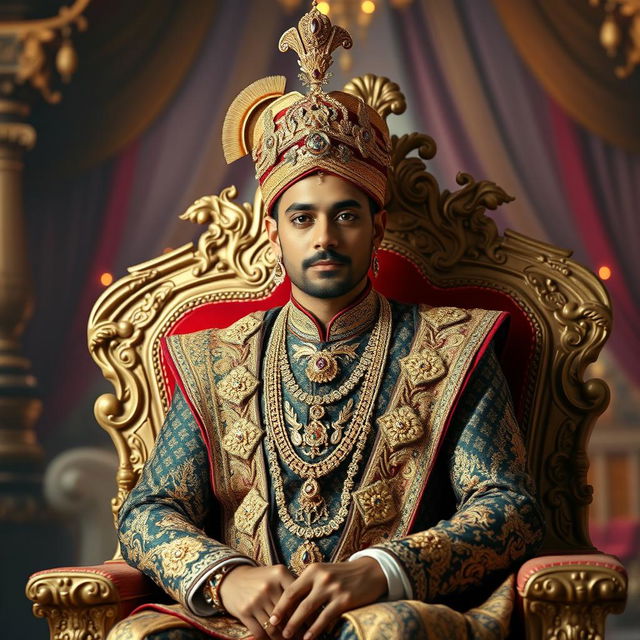 A regal portrait of an Indian prince seated on an ornate throne, adorned in luxurious traditional attire with intricate patterns and gold embroidery