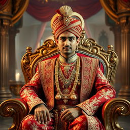 A regal portrait of an Indian prince seated on an ornate throne, adorned in luxurious traditional attire with intricate patterns and gold embroidery