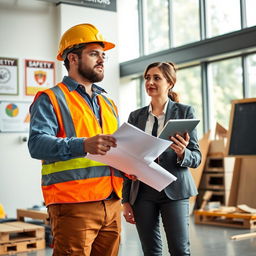 A realistic depiction of a safety workplace featuring a construction worker and an office worker standing side by side