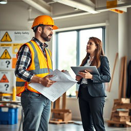 A realistic depiction of a safety workplace featuring a construction worker and an office worker standing side by side