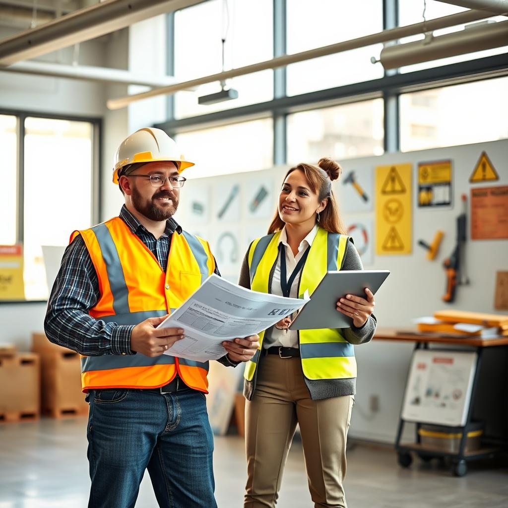 A realistic depiction of a safety workplace featuring a construction worker and an office worker standing side by side