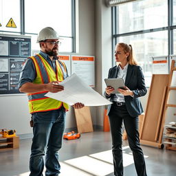 A realistic depiction of a safety workplace featuring a construction worker and an office worker standing side by side