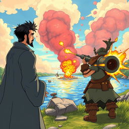 A scene viewed from behind a handsome wizard with short, black hair and a goatee, standing confidently next to a female dwarf artillerist
