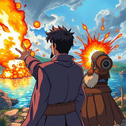 A scene viewed from behind a handsome wizard with short, black hair and a goatee, standing confidently next to a female dwarf artillerist