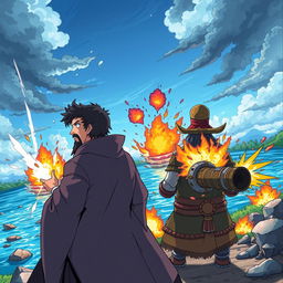 A scene viewed from behind a handsome wizard with short, black hair and a goatee, standing confidently next to a female dwarf artillerist