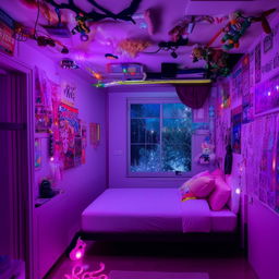 A fresh, vibrant room featuring a double bed, a neon light, a ceiling with LED lights, space for action figures and stuffed toys, and a wall adorned with anime posters.