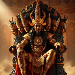 A majestic Ravan, a mythical figure from Hindu mythology, sitting on an opulent throne